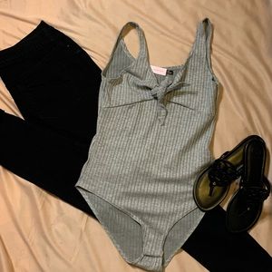 gray front tie bodysuit